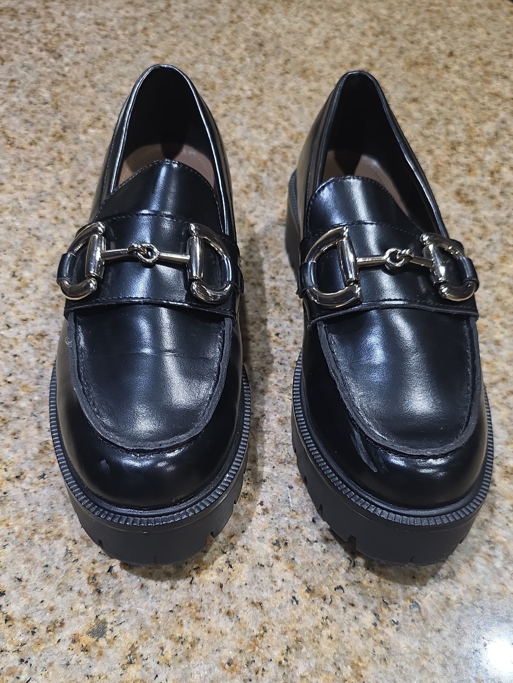 H&M Women's Black Lug-Sole Loafers with Silver Horsebit